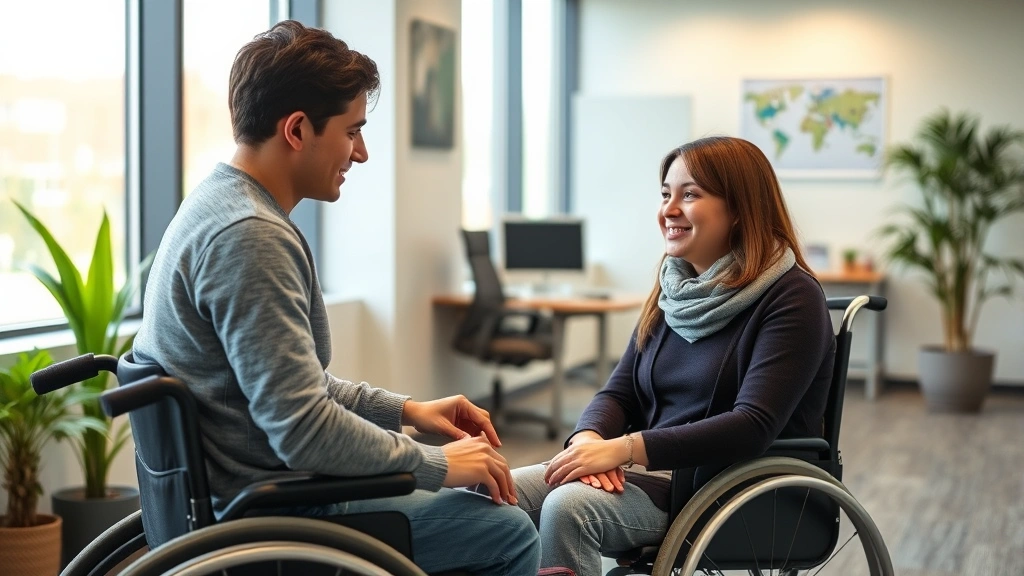 Student with disability working with counselor in modern university disability services office, supportive professional envir