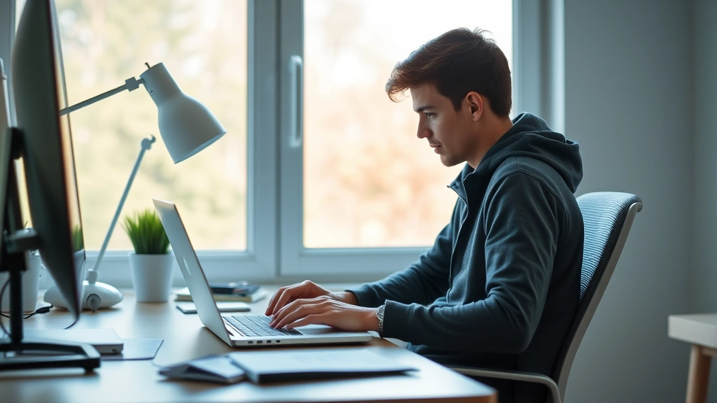 Young adult student studying at desk with laptop, ergonomic setup, natural window light, comfortable and accessible study spa