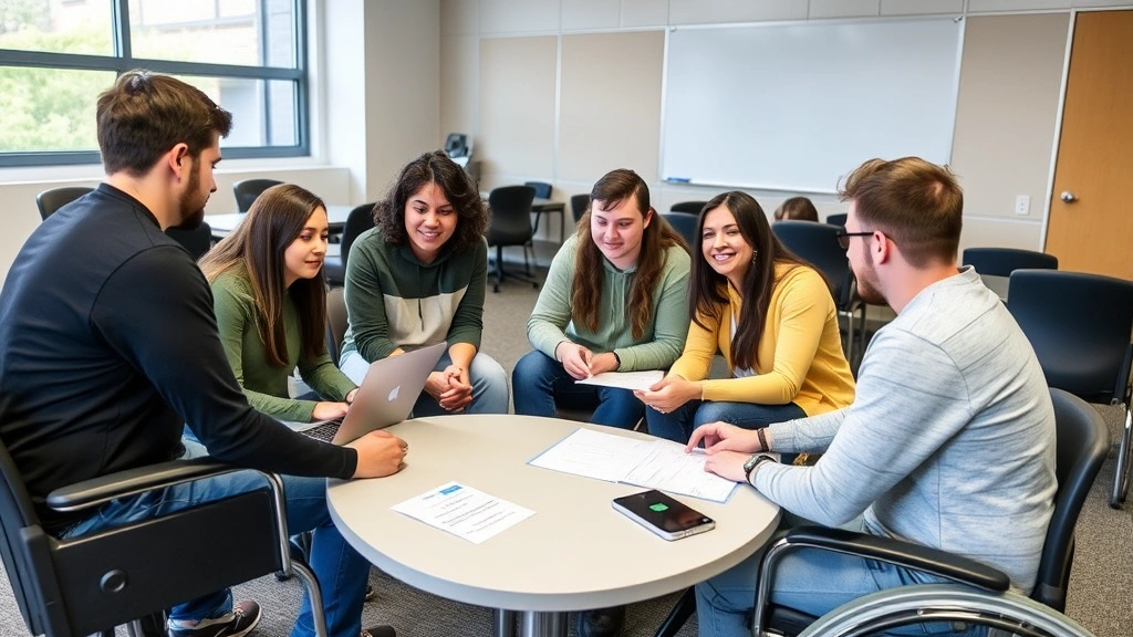 Diverse group of college students collaborating on group project in accessible classroom with flexible seating arrangements