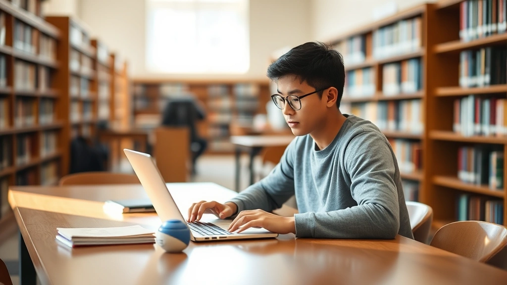 Student with laptop studying at library table, focused and comfortable, natural lighting, diverse representation
