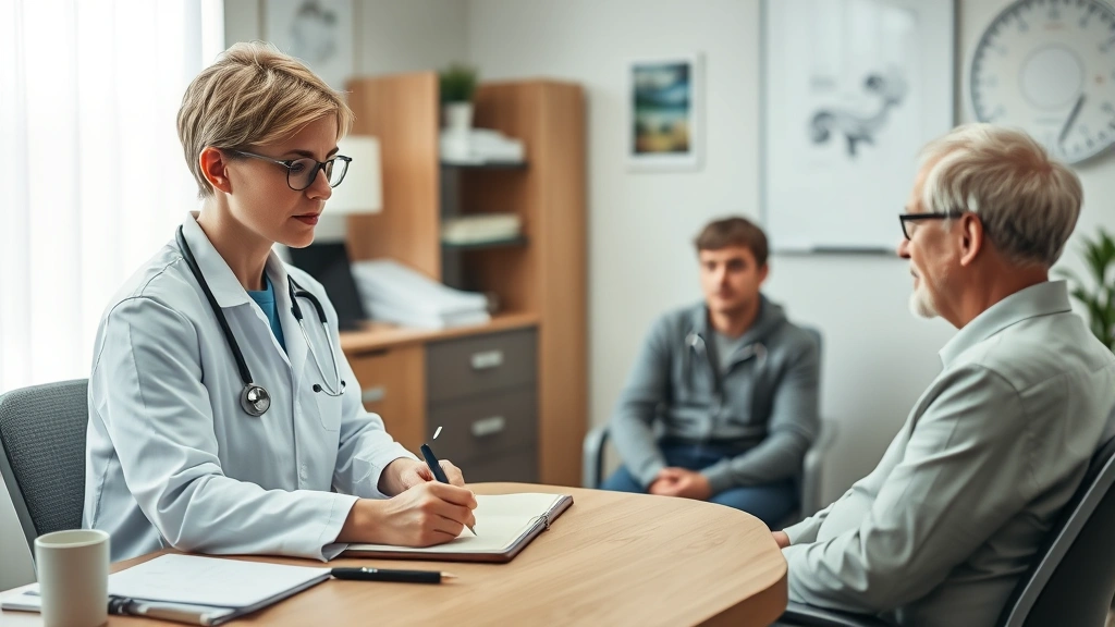 Healthcare provider writing notes at desk with patient sitting across, professional medical office setting, warm lighting