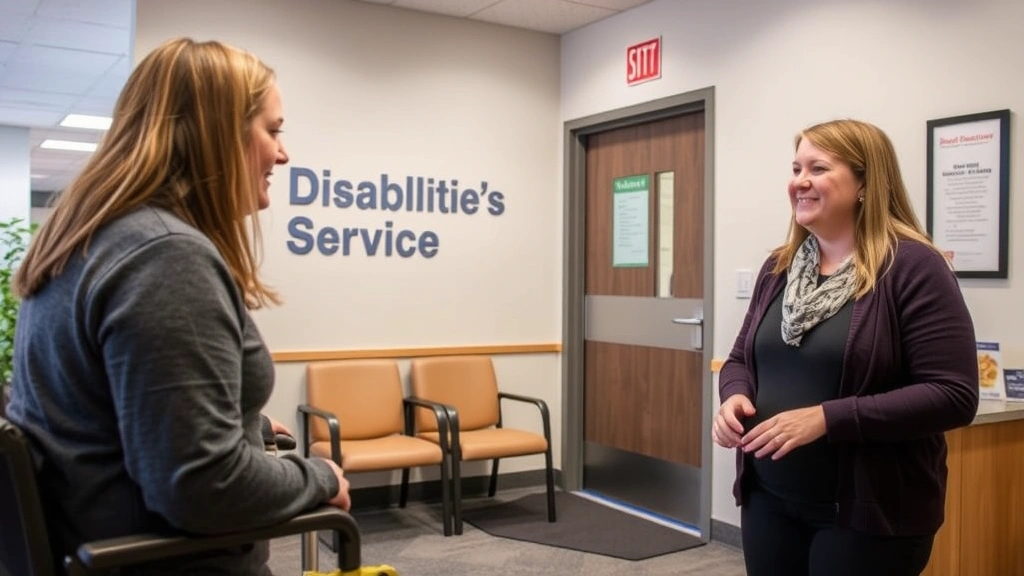 Campus disability services office interior, welcoming environment with accessible design, student speaking with staff member