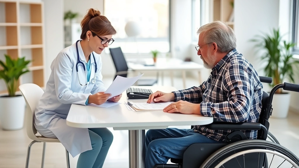 A person in a wheelchair reviewing documents at a table with a healthcare provider in a bright office setting