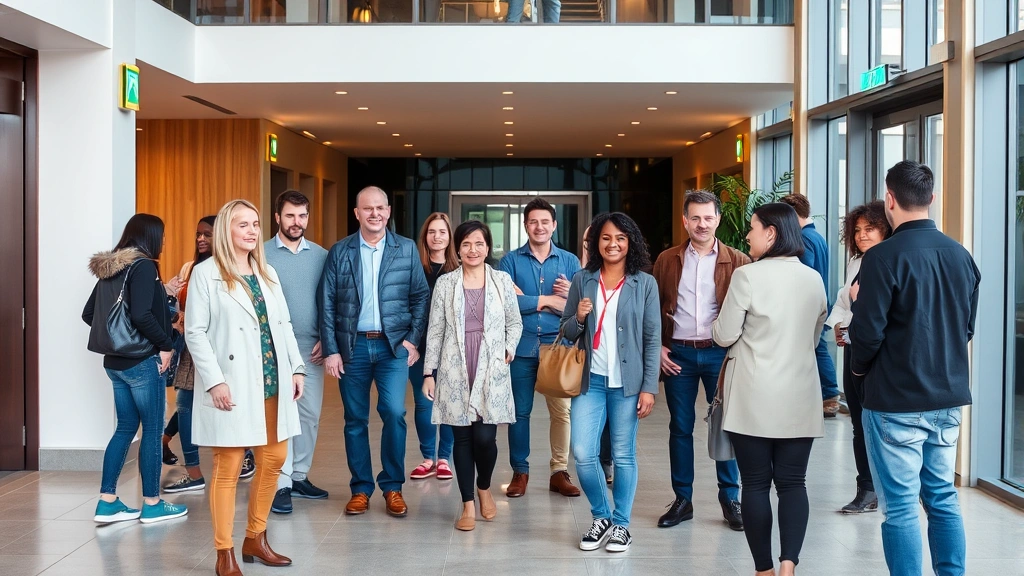 A diverse group of people standing in a modern apartment building lobby with accessible features visible