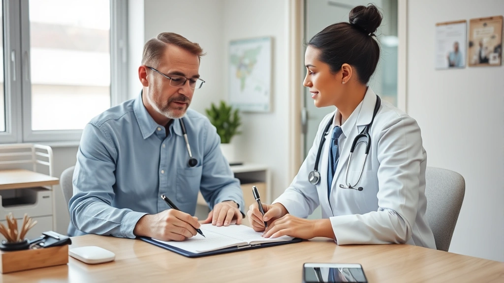 A healthcare provider writing notes at a desk with a patient sitting across, professional medical office environment