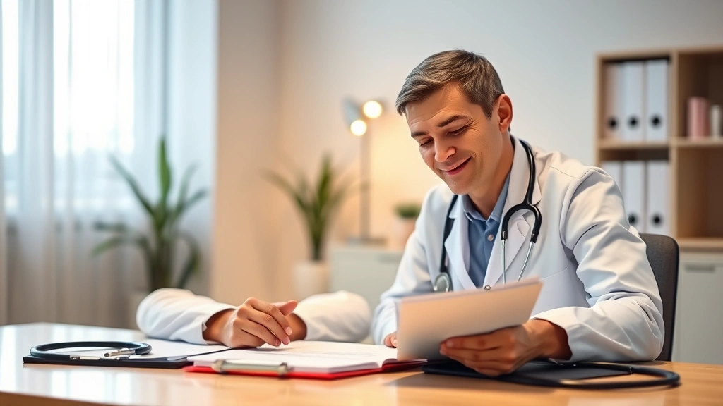 Professional healthcare provider in white coat reviewing medical documents at desk with stethoscope nearby, warm office light