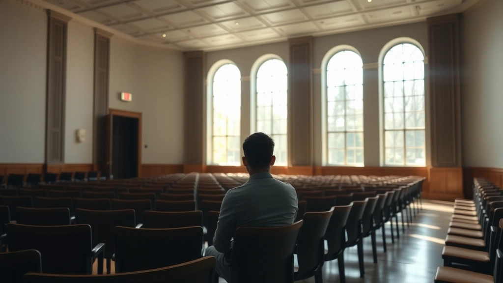 Person sitting in courtroom gallery with accessible seating arrangement, morning light through windows, calm neutral tones, a