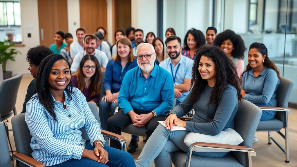 Diverse group of people in modern medical office waiting room, some seated comfortably with support cushions, professional he
