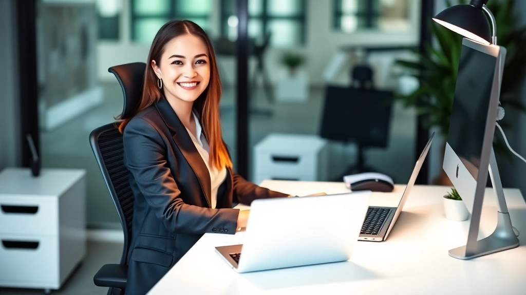 Professional woman in business attire sitting at desk with laptop, smiling, ergonomic workspace setup with proper lighting an