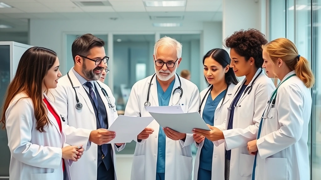 Diverse group of healthcare professionals in white coats and scrubs reviewing documents together in modern medical office env