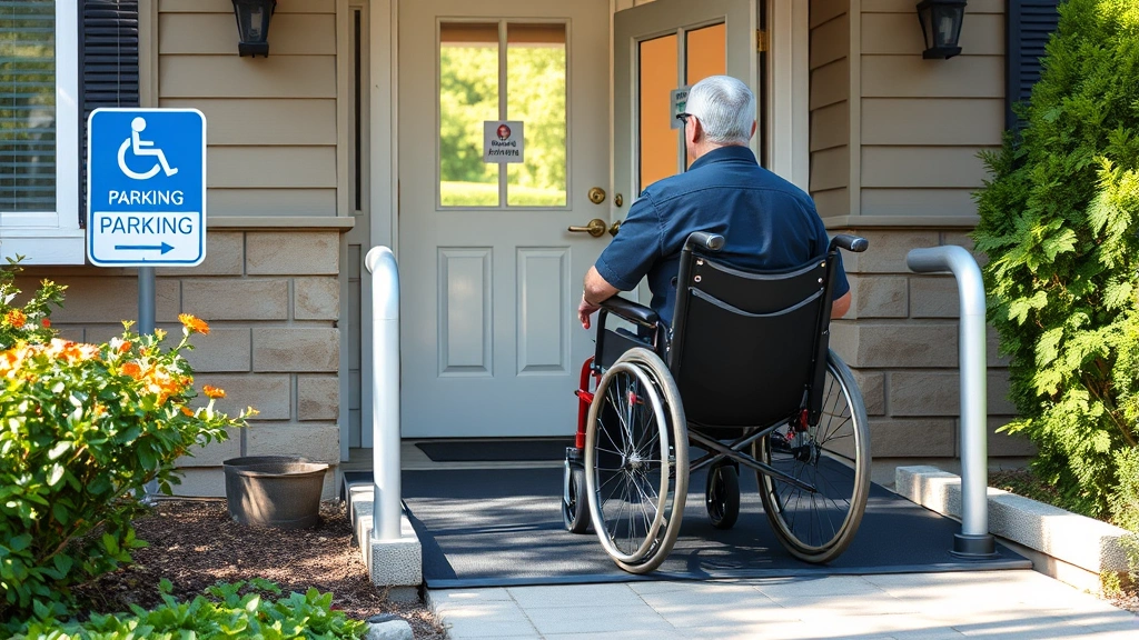 Person in wheelchair using accessible ramp to enter residential building entrance with accessible parking sign visible, natur