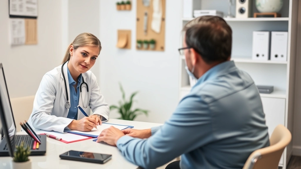 Healthcare provider writing medical documentation at desk with patient sitting across, professional office setting, focus on