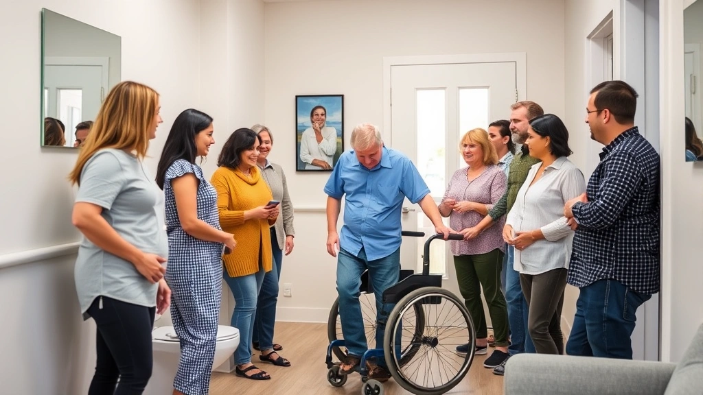 Diverse group of people in accessible apartment with grab bars, wheelchair accessible bathroom, bright modern design, inclusi