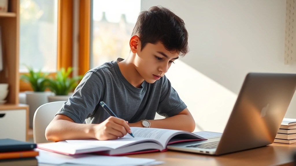 Student studying at desk with open textbook and laptop, warm natural lighting from window, focused expression, accessible wor