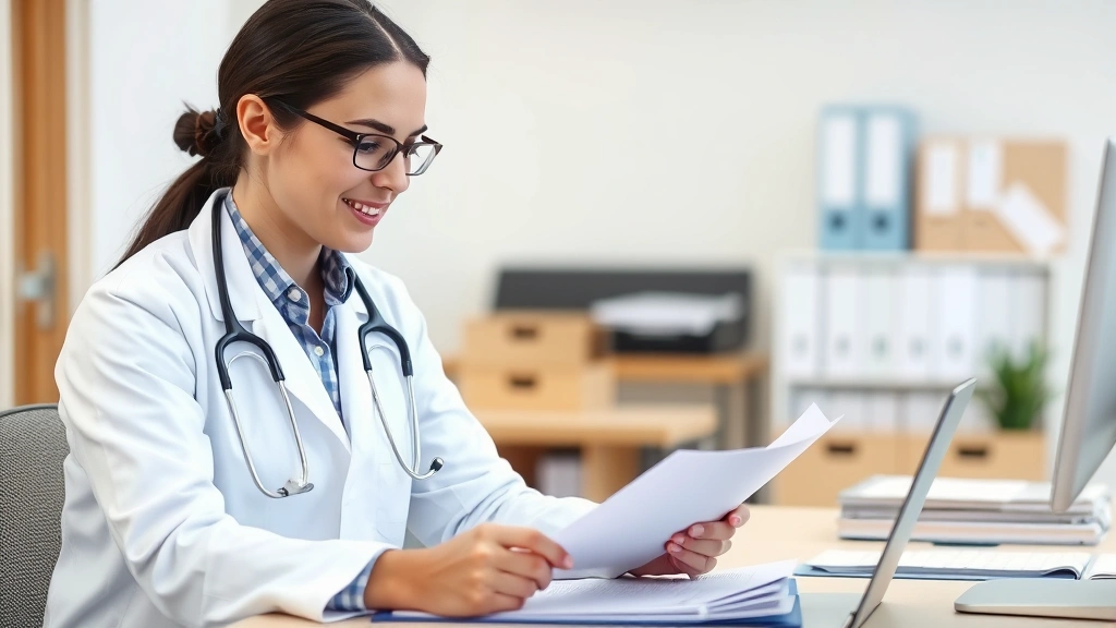 Healthcare provider in white coat reviewing medical documents at desk, professional office setting, approachable demeanor, st