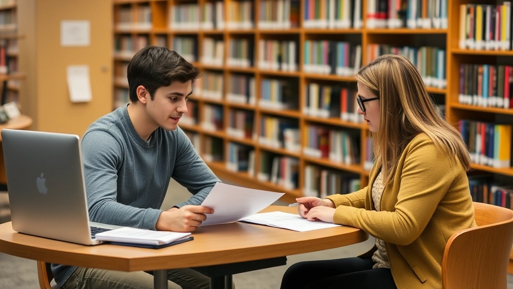 Young adult student in library with disability services office staff member reviewing accommodation paperwork, collaborative