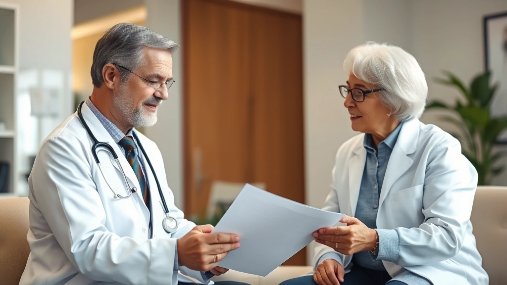 Healthcare provider in white coat reviewing medical documents with patient in clinical office setting, warm lighting, profess
