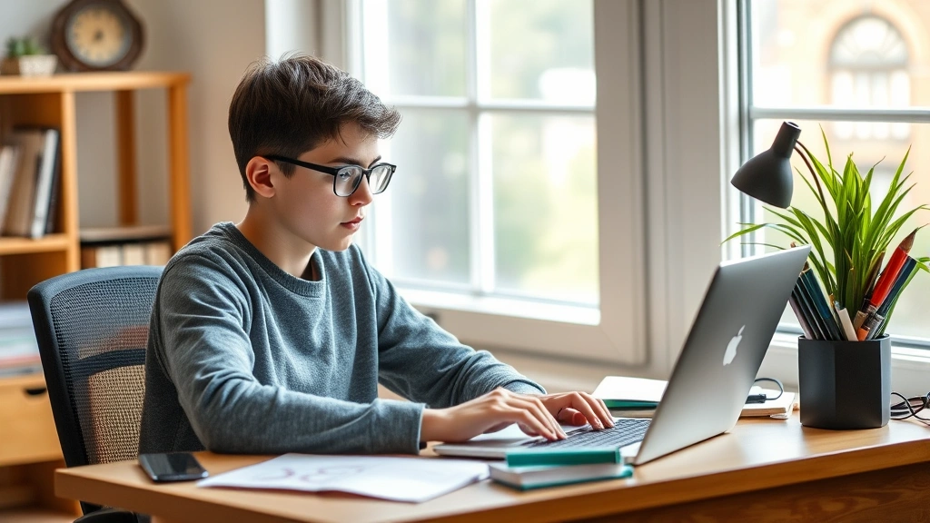 Student sitting at desk with laptop and accessibility tools, reading glasses nearby, focused studying environment with natura