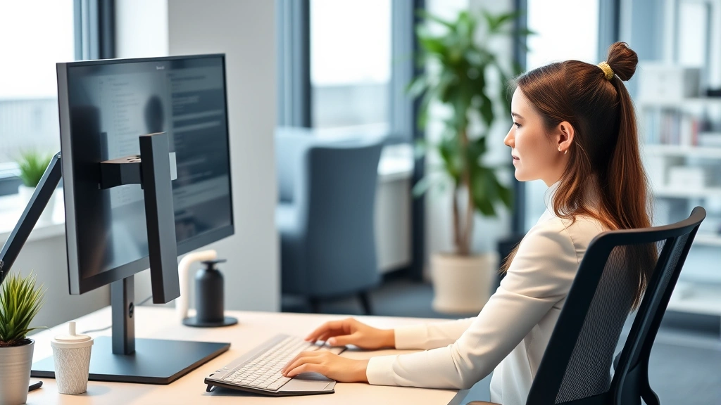 Professional woman at ergonomic workstation with proper desk setup, monitor stand, and wellness items visible, modern office