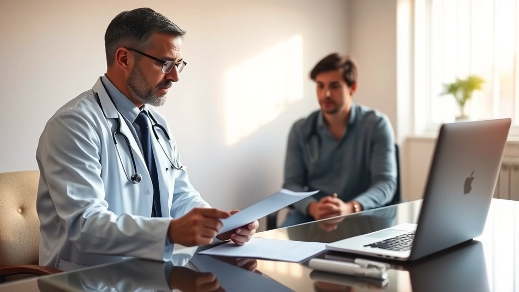 Doctor in white coat reviewing medical documents at desk with patient sitting across, warm office lighting, professional heal