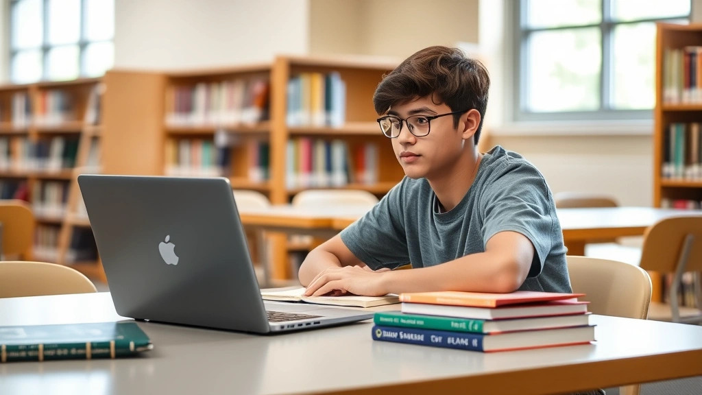Student at library desk with laptop and textbooks, looking focused and comfortable, natural window lighting, accessible study