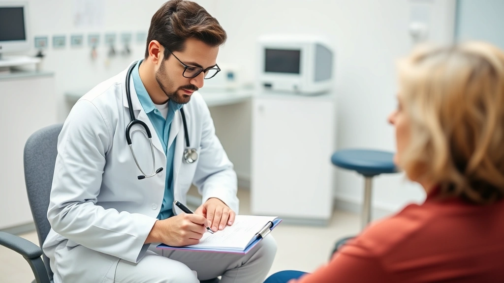 Healthcare provider writing notes during consultation with patient in clinic, both appearing engaged and professional, clinic