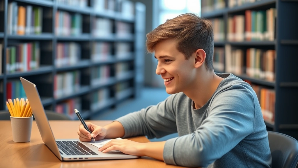 Student with medical condition studying at library desk with laptop and notebook, supportive and focused
