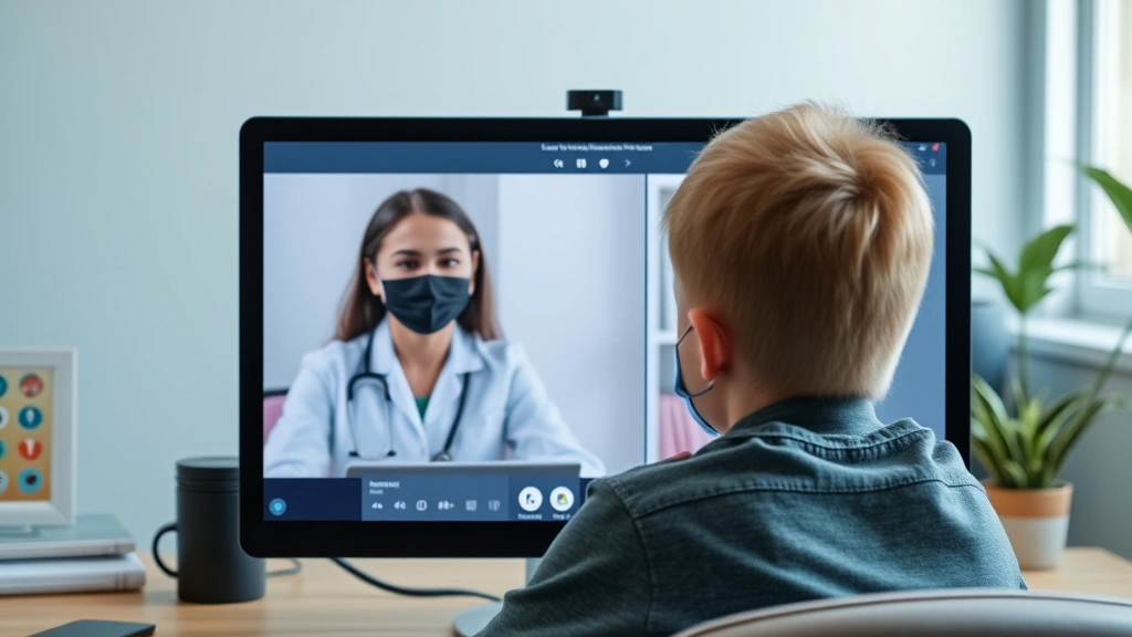 Young person in virtual telehealth appointment with healthcare provider on computer screen, professional setting