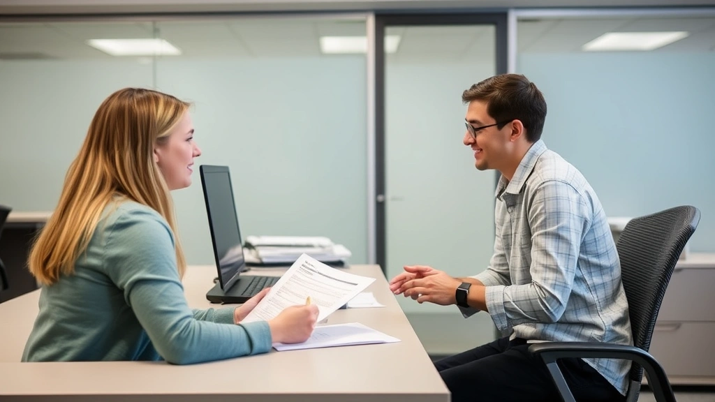 College student meeting with disability services coordinator reviewing accommodation documentation at office desk