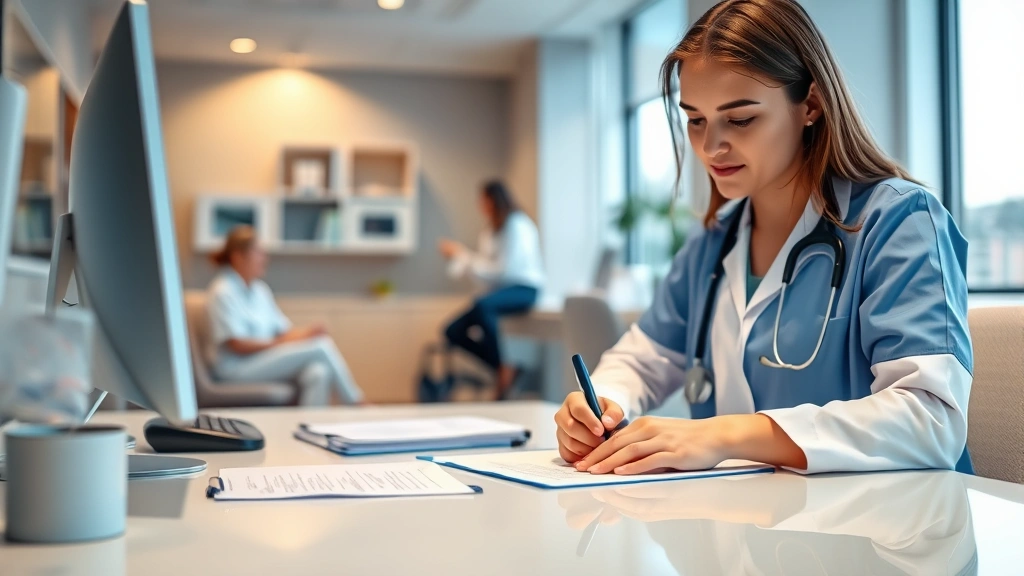 Healthcare provider writing medical documentation at desk with patient in background, warm clinic lighting, professional medi
