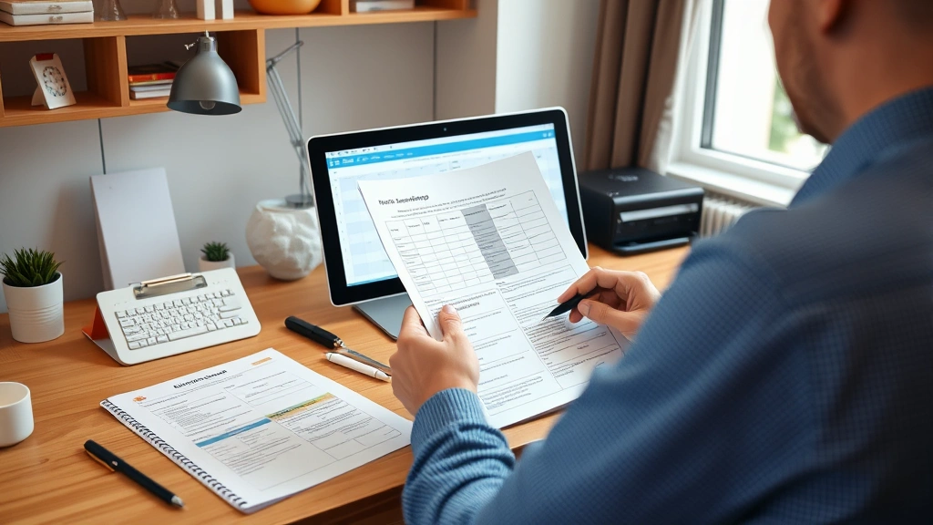 Person reviewing medical documents at home workspace with calendar and accommodation planning materials visible on desk