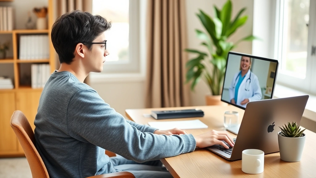 Student sitting at desk with laptop during virtual telehealth consultation with healthcare provider, natural lighting from wi