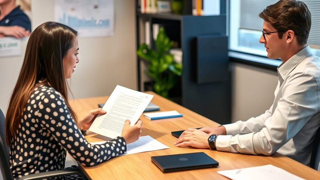 Disability services office staff member reviewing medical accommodation letter at desk with student sitting across, professio