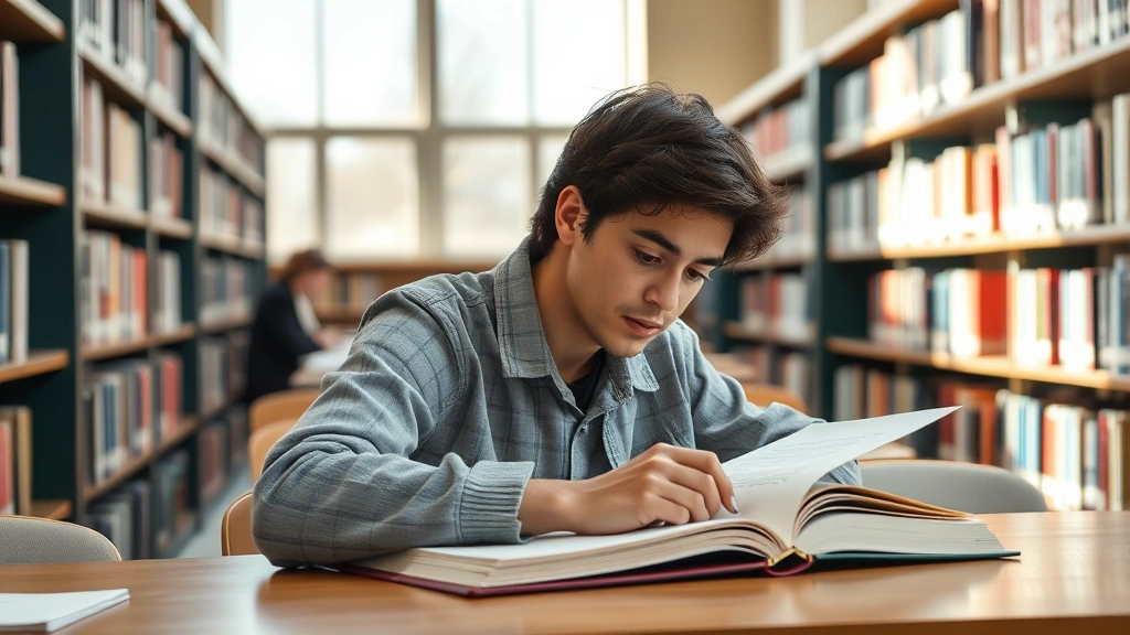 College student in library studying with extended time accommodation notice on desk, focused expression, natural daylight, pe