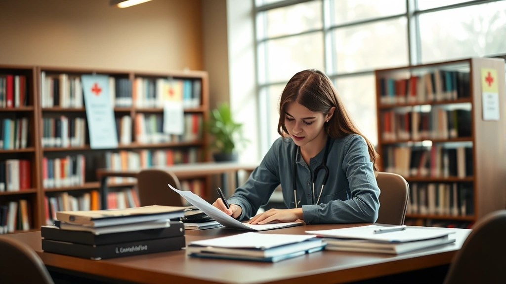 Student sitting at desk in library reviewing documents with healthcare provider letter visible, focused and organized workspa