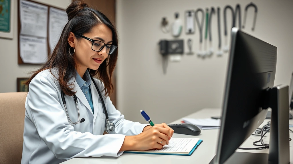 Diverse healthcare provider in office writing medical documentation on computer, professional setting with medical credential