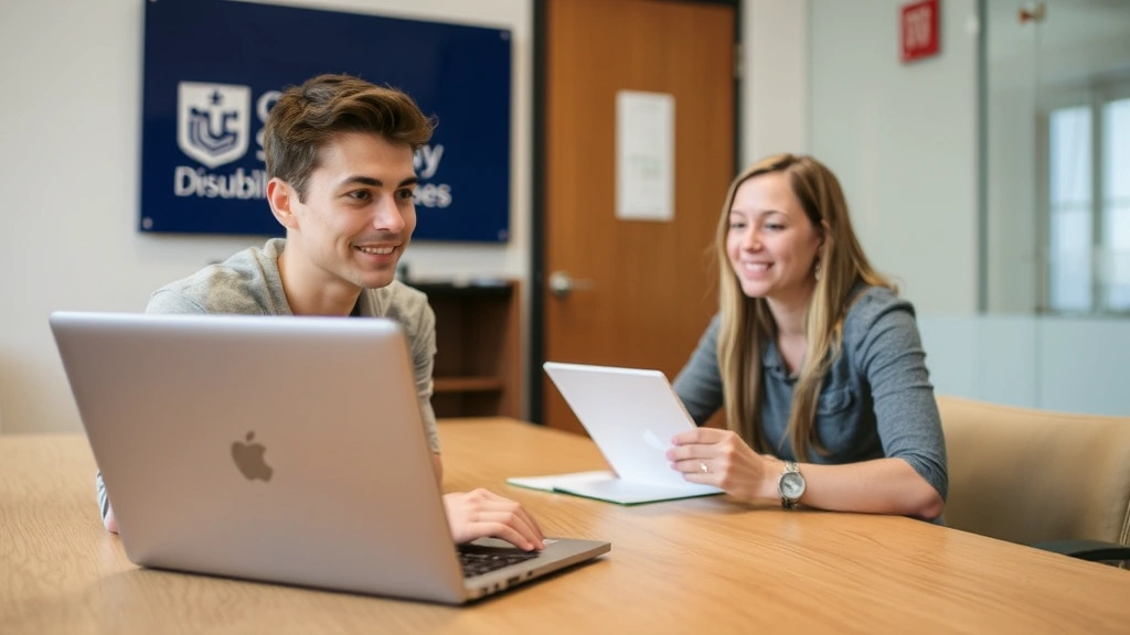 Student with laptop in campus disability services office meeting with accessibility coordinator, collaborative discussion abo