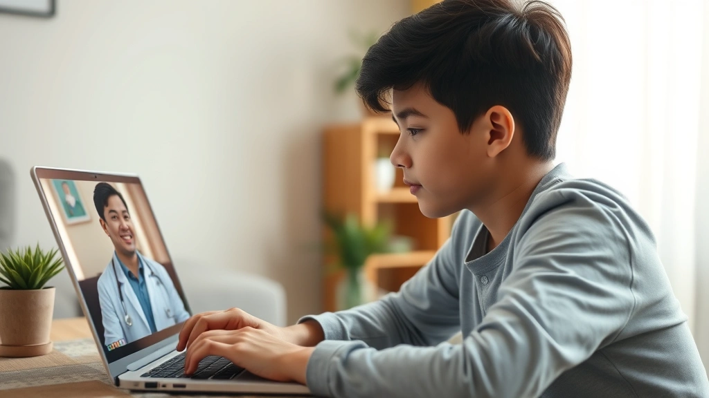 Student studying at laptop during video call with doctor on screen, natural home lighting, focused expression