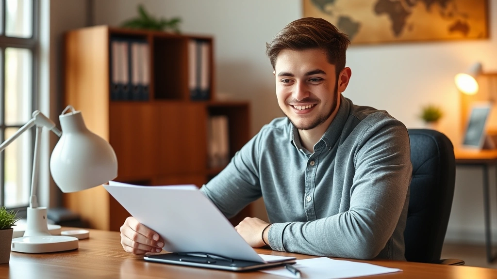 Young adult sitting at desk reviewing accommodation letter document with notebook, warm office environment, positive demeanor