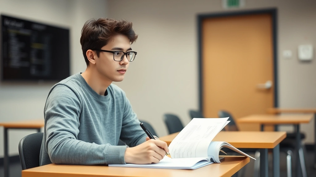 College student taking exam in quiet testing room with extra time accommodation, calm concentrated expression, neutral backgr
