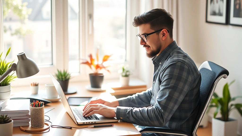 Person working at home office desk with laptop in bright natural light, comfortable ergonomic setup, peaceful expression, div