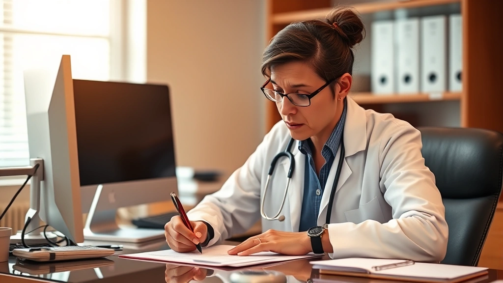 Healthcare provider writing medical documentation at desk, professional office setting, warm lighting, focused expression, st