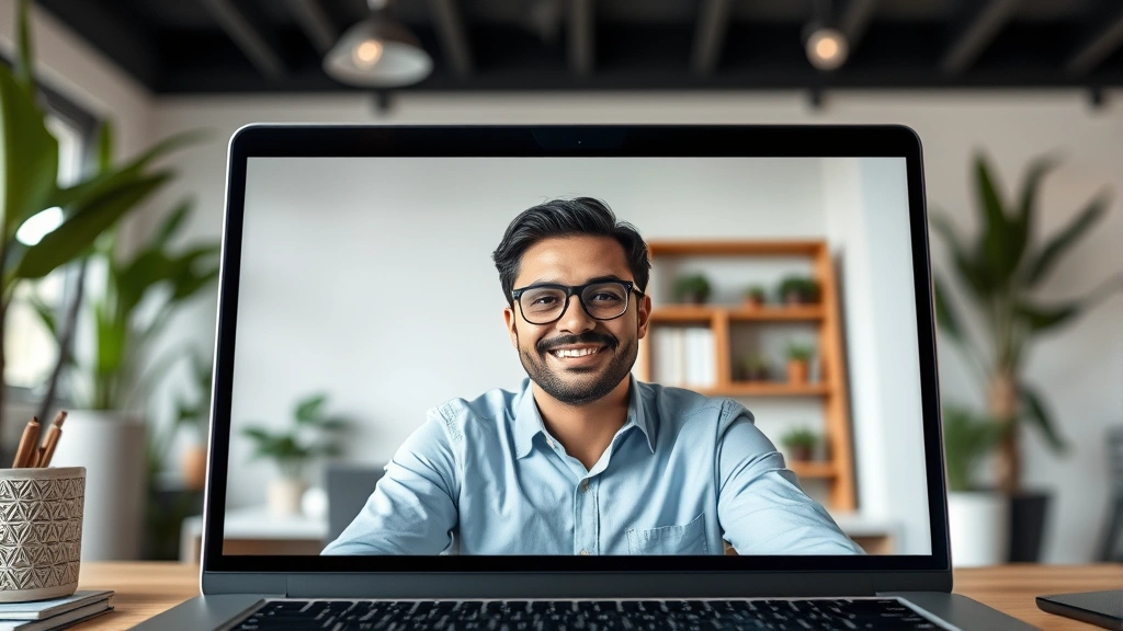 Professional in video conference call on laptop screen, home office background, confident expression, modern workspace with p