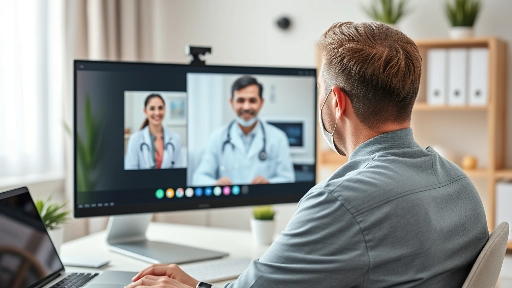 Person at computer video call with healthcare provider in professional home office setting