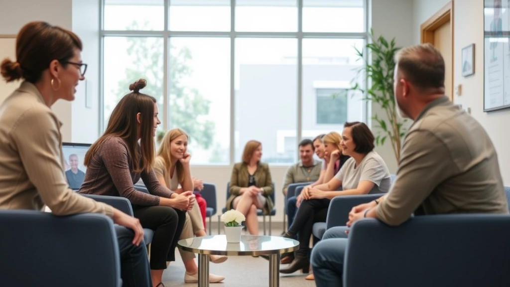 Diverse group in waiting room of modern community health clinic with welcoming environment
