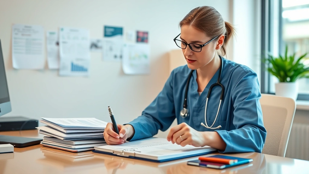 Healthcare professional reviewing medical documents and taking notes at desk with patient file
