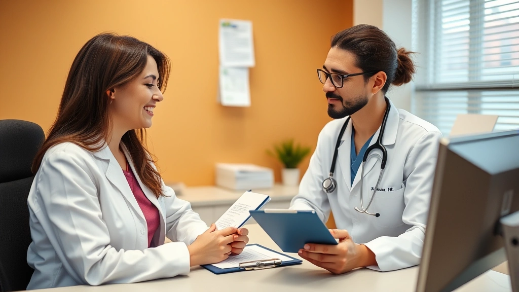 Patient and healthcare provider discussing medical documentation at desk with clipboard and computer, warm clinical office se