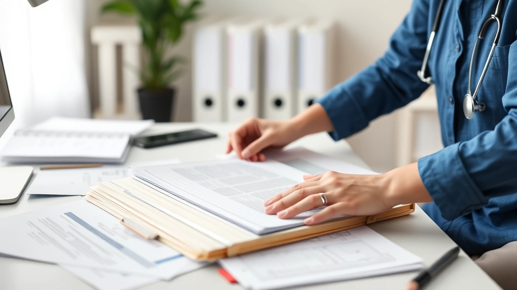 Person organizing medical records and documents into folders at home desk, paperwork arranged systematically, focused on prep
