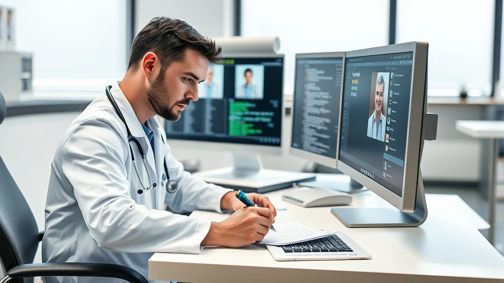 Healthcare provider writing detailed medical notes at computer workstation with patient file visible, professional documentat