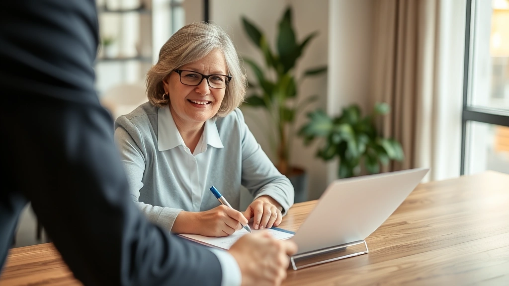 Professional woman with disability smiling while signing housing lease document at table with landlord
